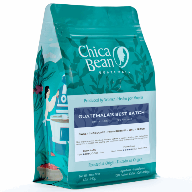 A green bag set at an angle. The front is mainly green with darker green leaves and the Chica Bean logo on the upper part. The label is cobalt blue and says Best Batch. The side of the bag shows a cartoon female figure roasting.