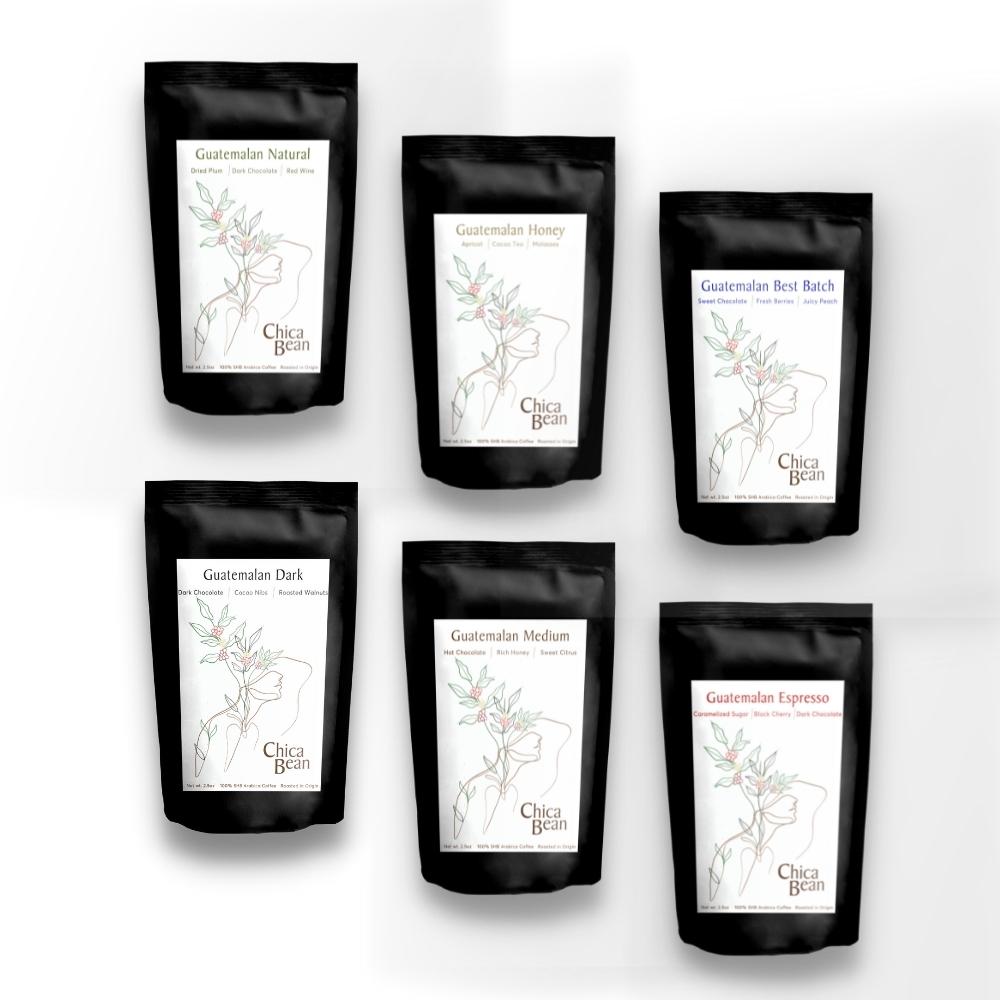 6 small bags of all the coffee varieties Chica Bean offers