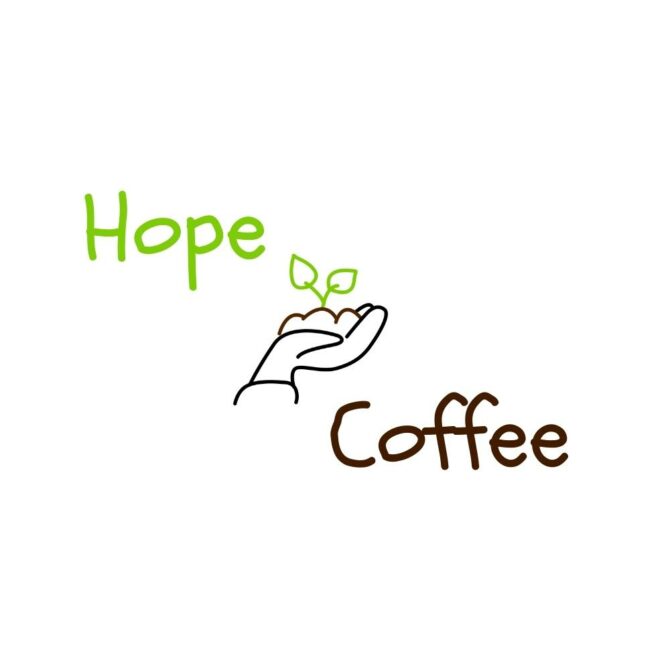 The words "Hope" and "Coffee" and in between the words there is a drawn hand holding a pile of dirt and a small plant emerging from it