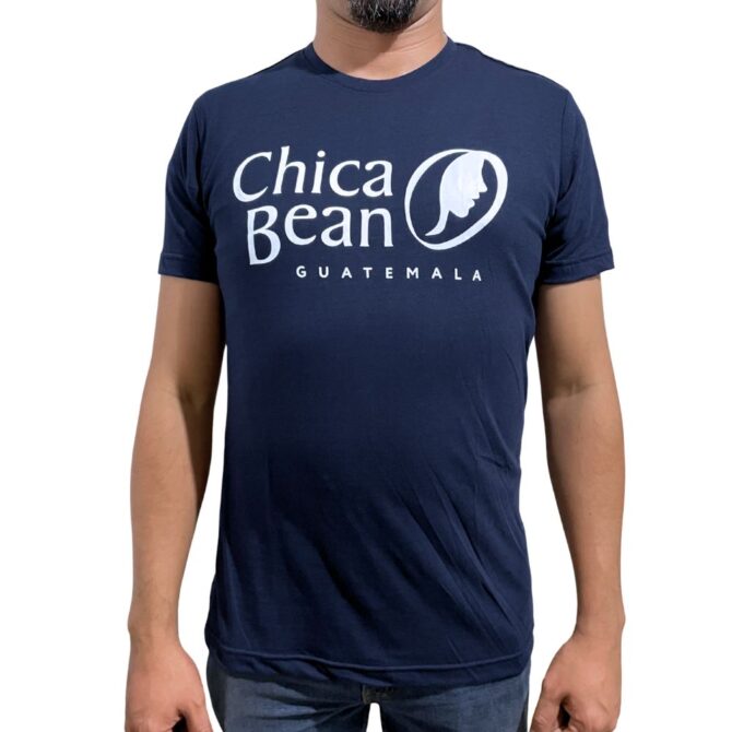 A Navy Blue, unisex crew-neck t-shirt on a male model that has the Chica Bean logo printed in white on the chest.