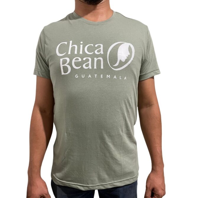A light olive green, unisex crew-neck t-shirt on a male model that has the Chica Bean logo printed in white on the chest.