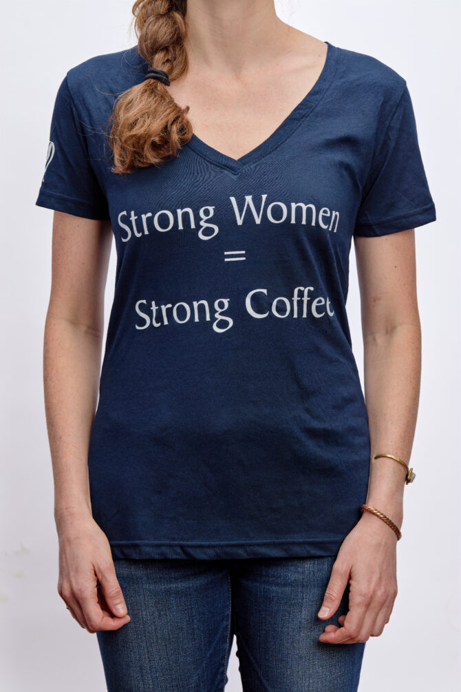 A navy blue relaxed fit women's V-neck t-shirt that says "Strong women = strong coffee"