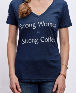 A navy blue relaxed fit women's V-neck t-shirt that says "Strong women = strong coffee"